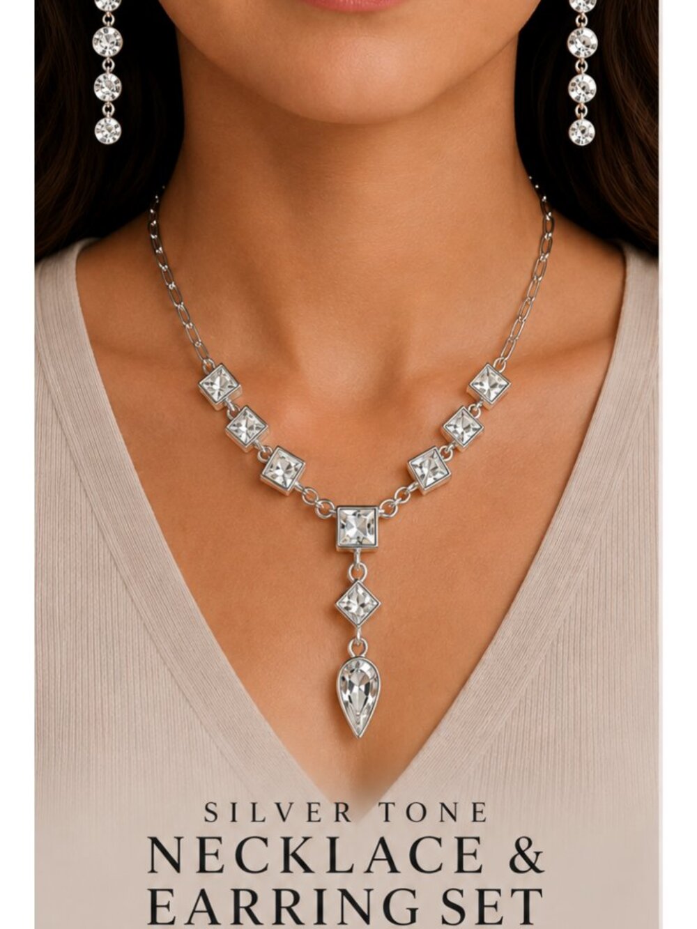 Silver Tone Rhinestone Necklace & Earrings Set | Geometric Crystal Statement